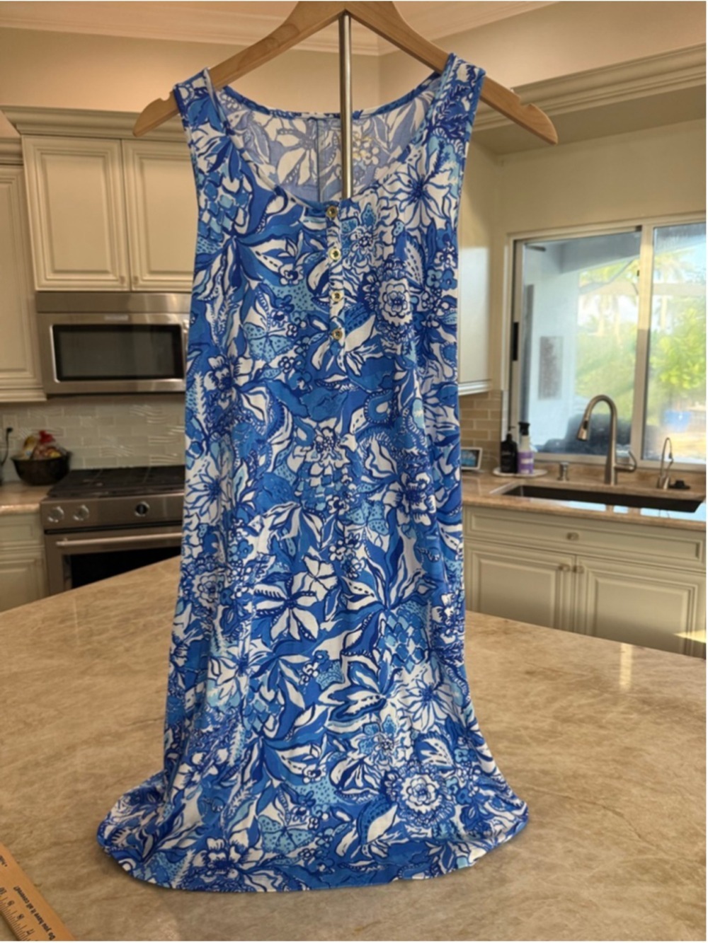 Lilly Pulitzer Blue & White Floral Sleeveless Dress S, Jersey knit, tropical,
